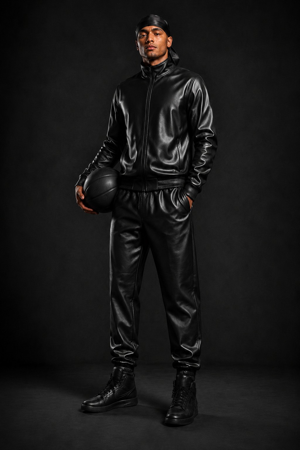 BLACK LTHR Uniform 02 — Track: Italian lamb leather track jacket, track pants, and bandana